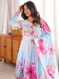 Pretty Sky Blue Printed Silk Function Wear Anarkali Suit With Dupatta