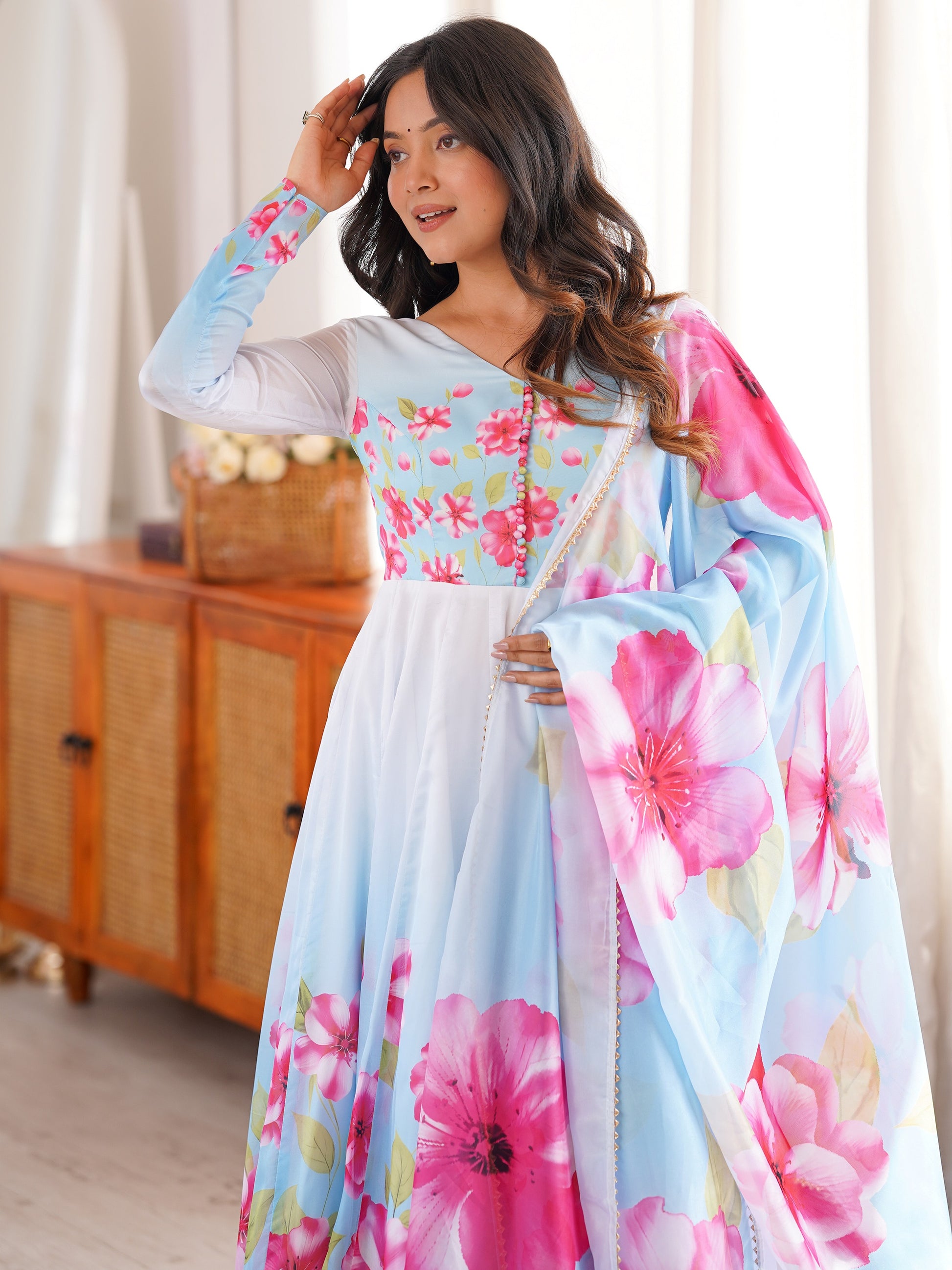 Pretty Sky Blue Printed Silk Function Wear Anarkali Suit With Dupatta