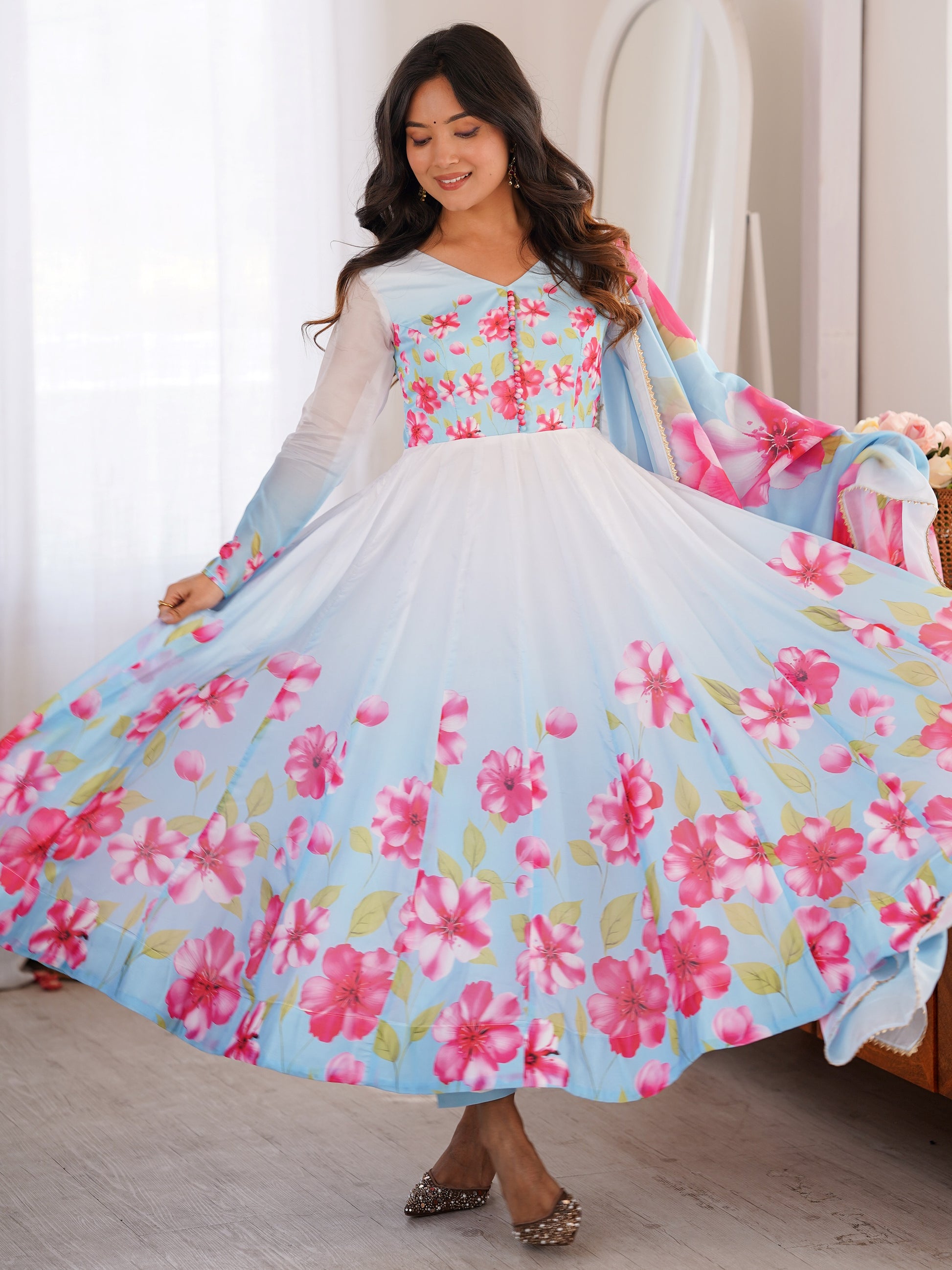 Pretty Sky Blue Printed Silk Function Wear Anarkali Suit With Dupatta