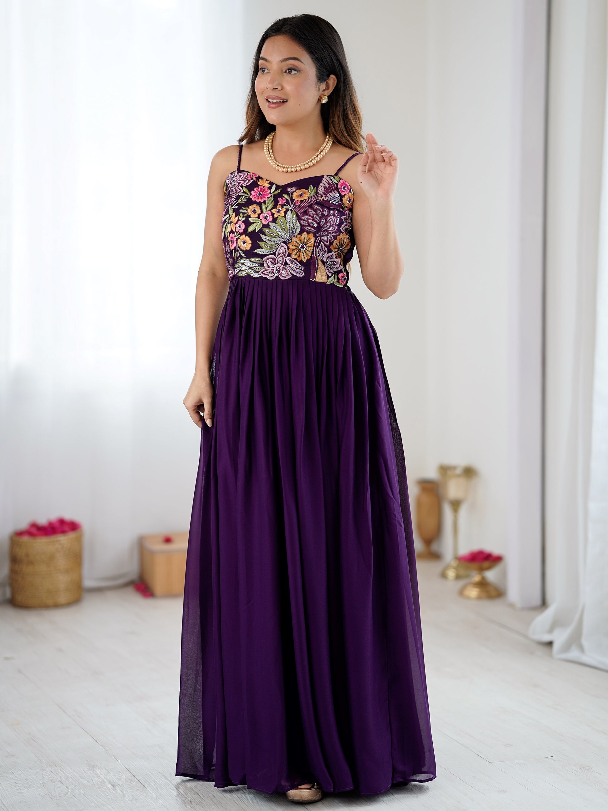 Graceful Purple Floral Embroidered Georgette Festival Wear Gown