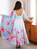 Pretty Sky Blue Printed Silk Function Wear Anarkali Suit With Dupatta