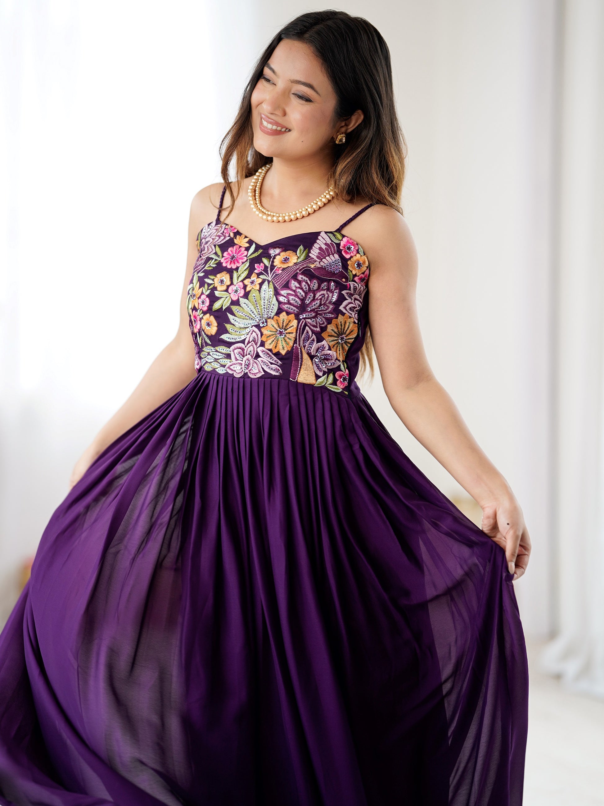 Graceful Purple Floral Embroidered Georgette Festival Wear Gown