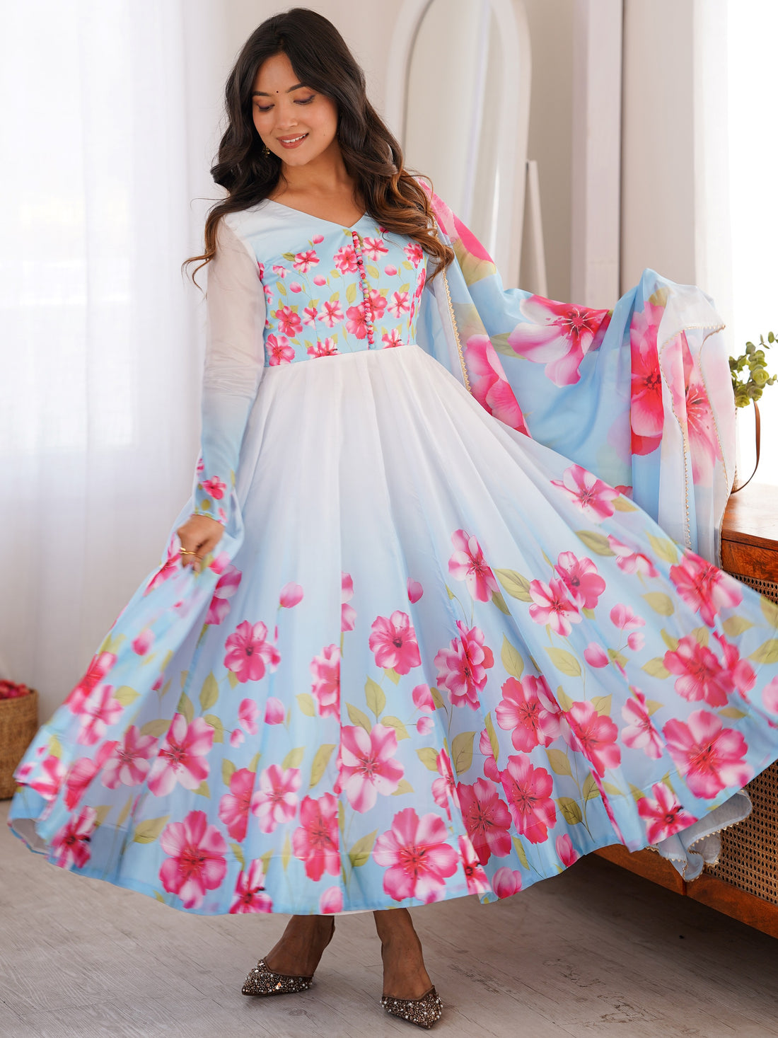 Pretty Sky Blue Printed Silk Function Wear Anarkali Suit With Dupatta