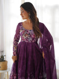 Attractive Purple Floral Printed Organza Event Wear Anarkali Suit