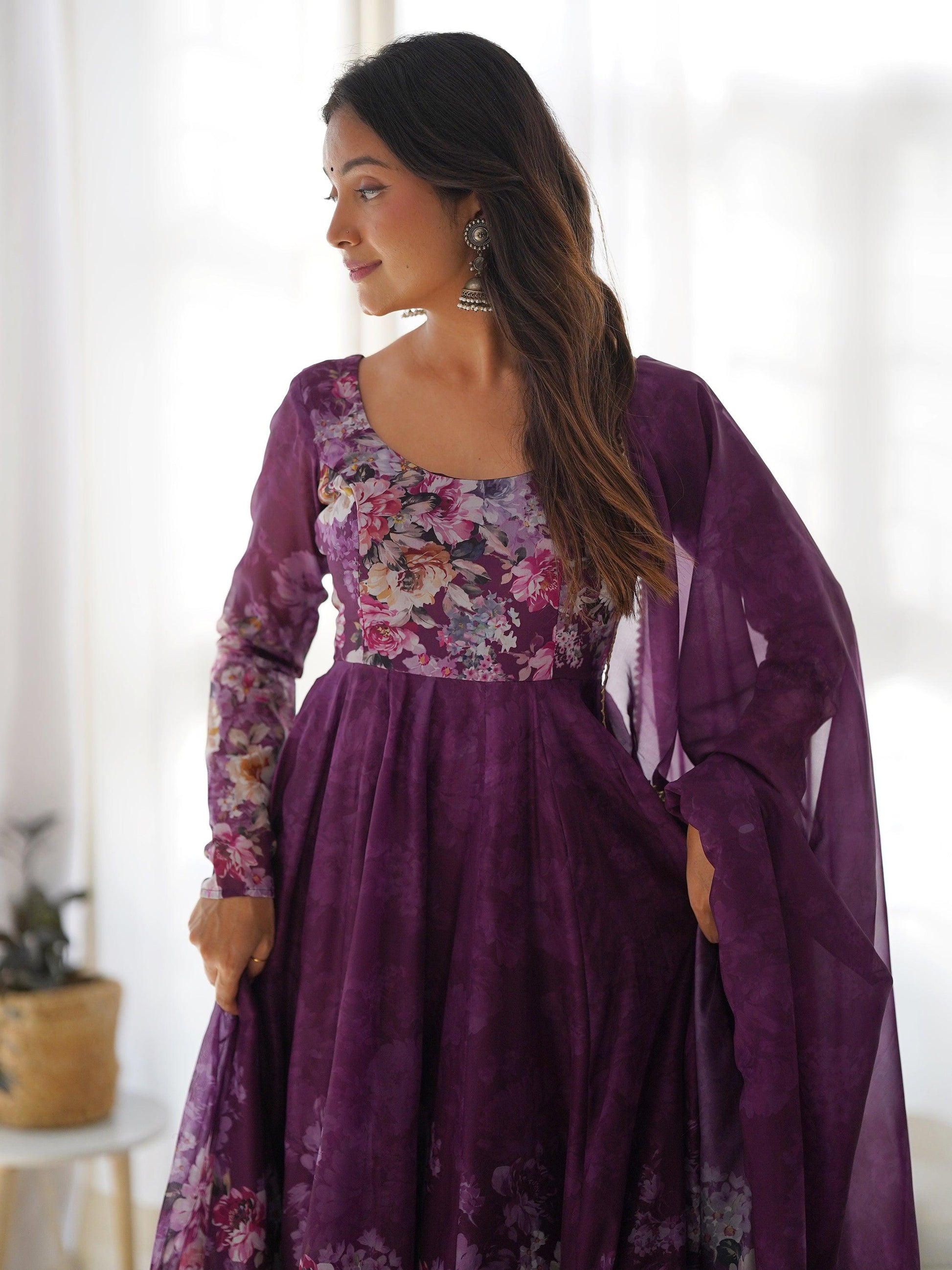 Attractive Purple Floral Printed Organza Event Wear Anarkali Suit
