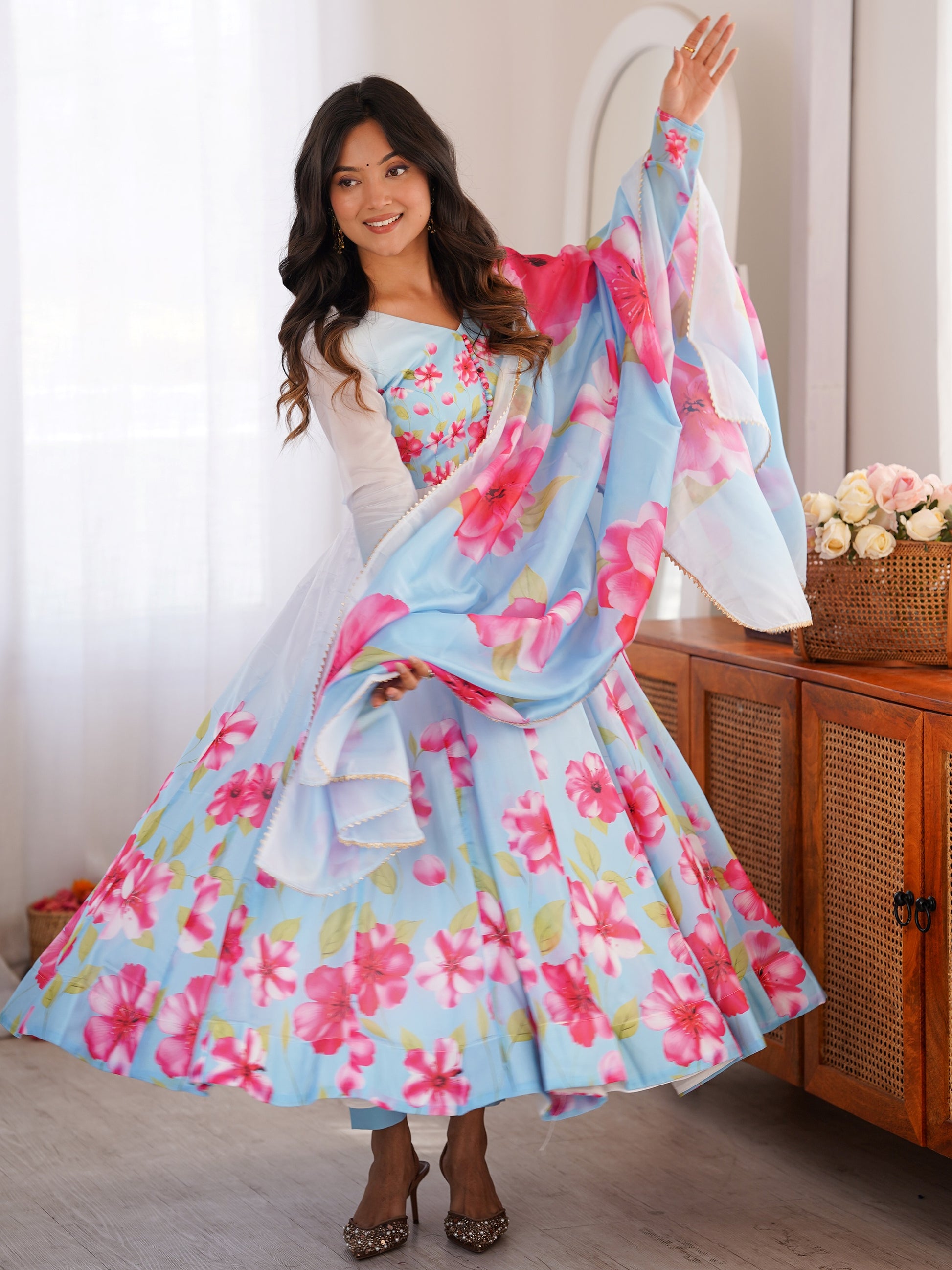 Pretty Sky Blue Printed Silk Function Wear Anarkali Suit With Dupatta