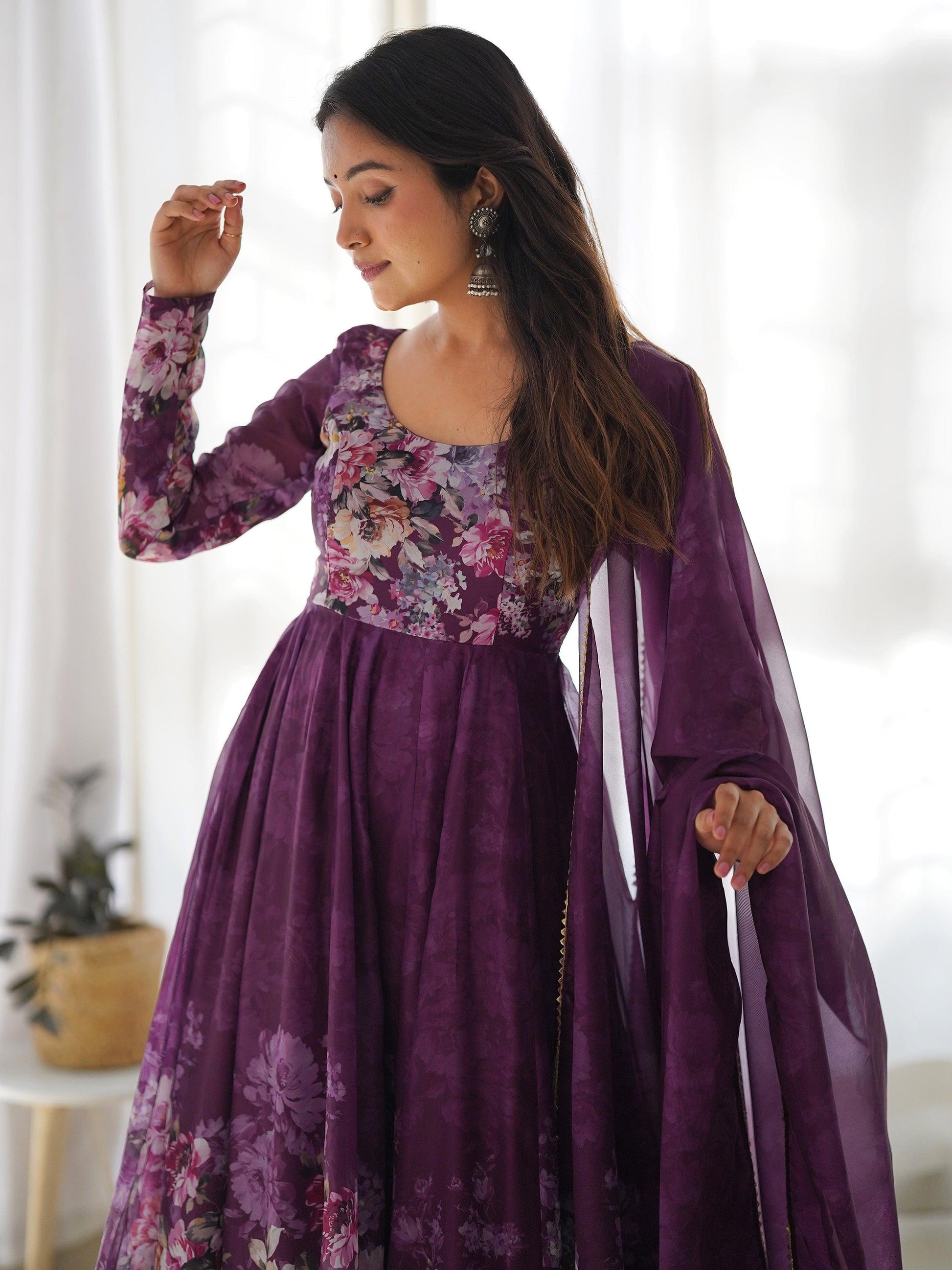 Attractive Purple Floral Printed Organza Event Wear Anarkali Suit