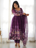 Attractive Purple Floral Printed Organza Event Wear Anarkali Suit