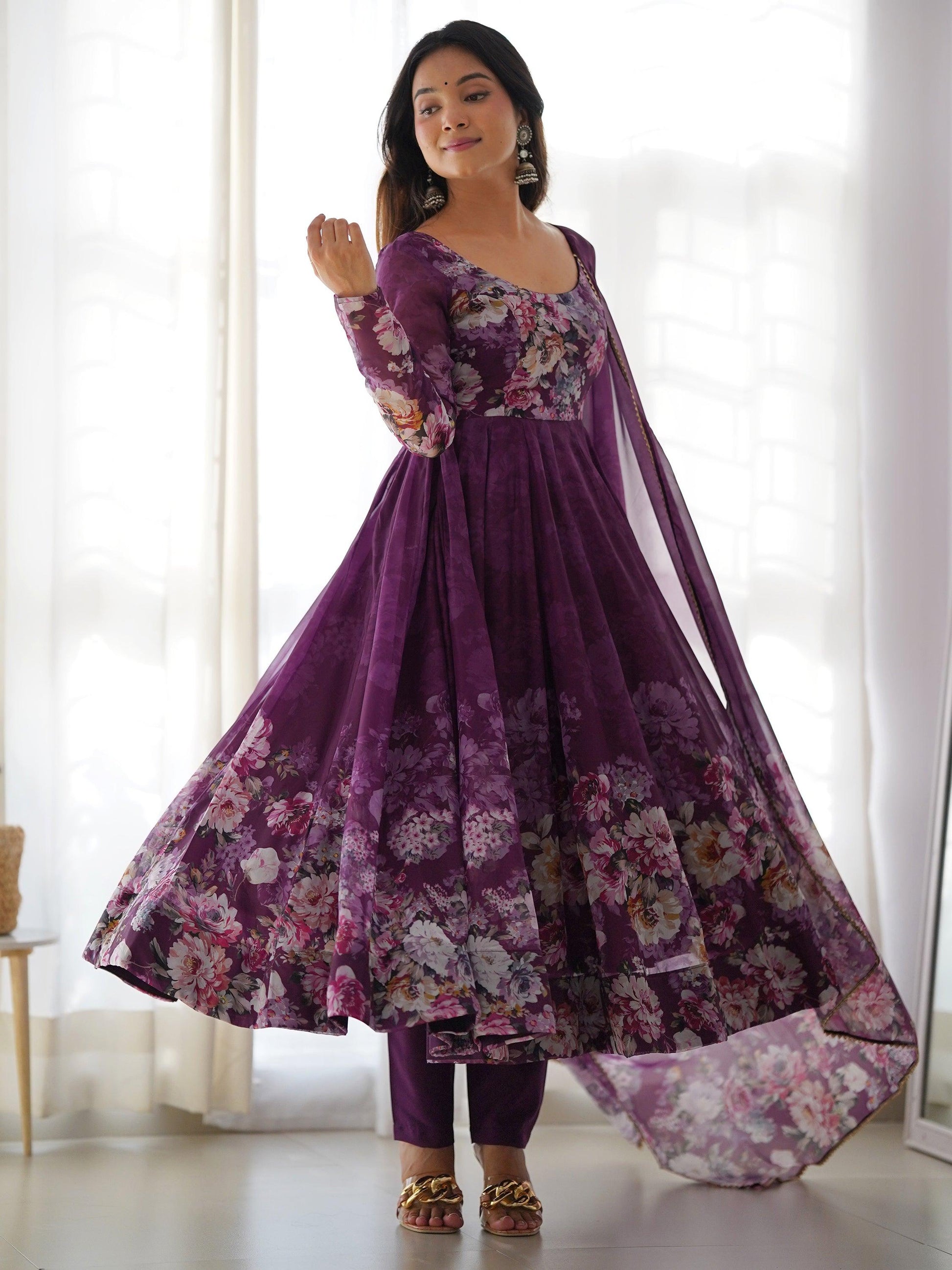 Attractive Purple Floral Printed Organza Event Wear Anarkali Suit