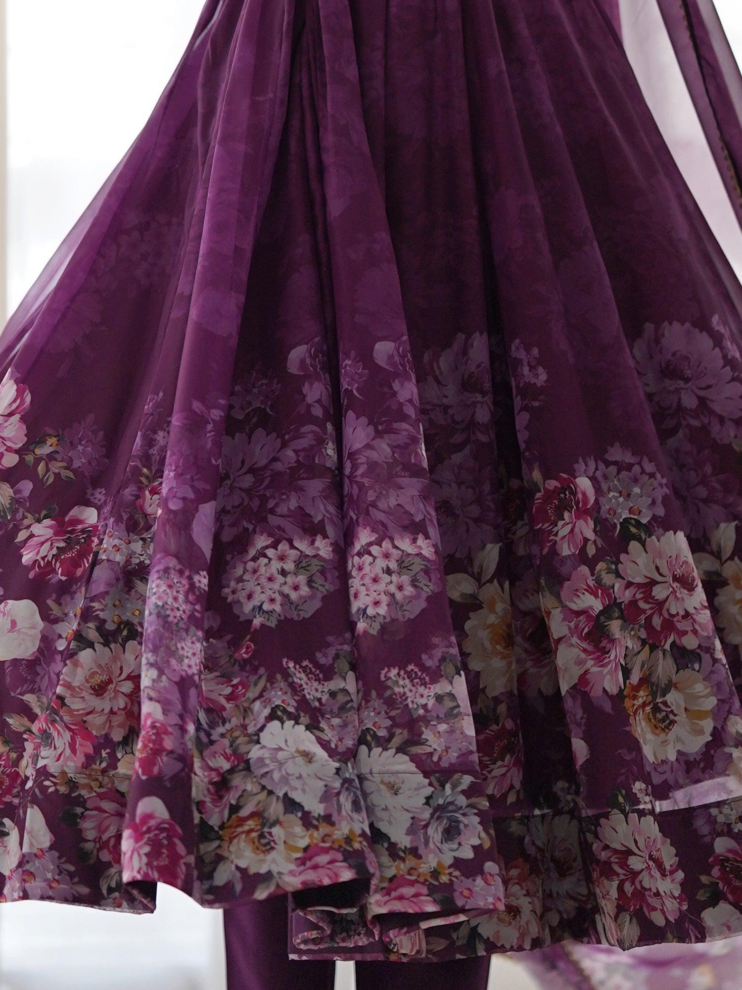 Attractive Purple Floral Printed Organza Event Wear Anarkali Suit