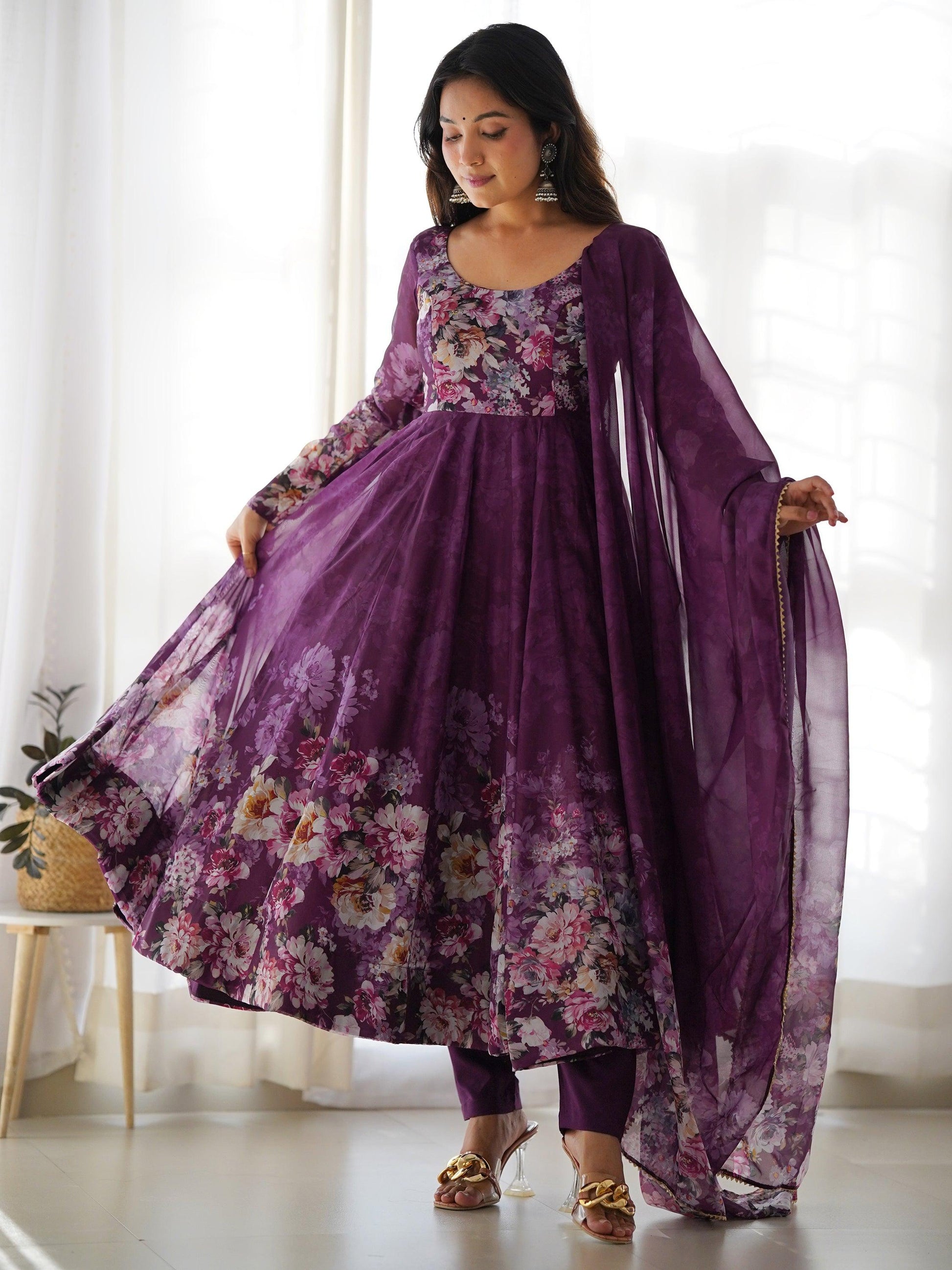 Attractive Purple Floral Printed Organza Event Wear Anarkali Suit