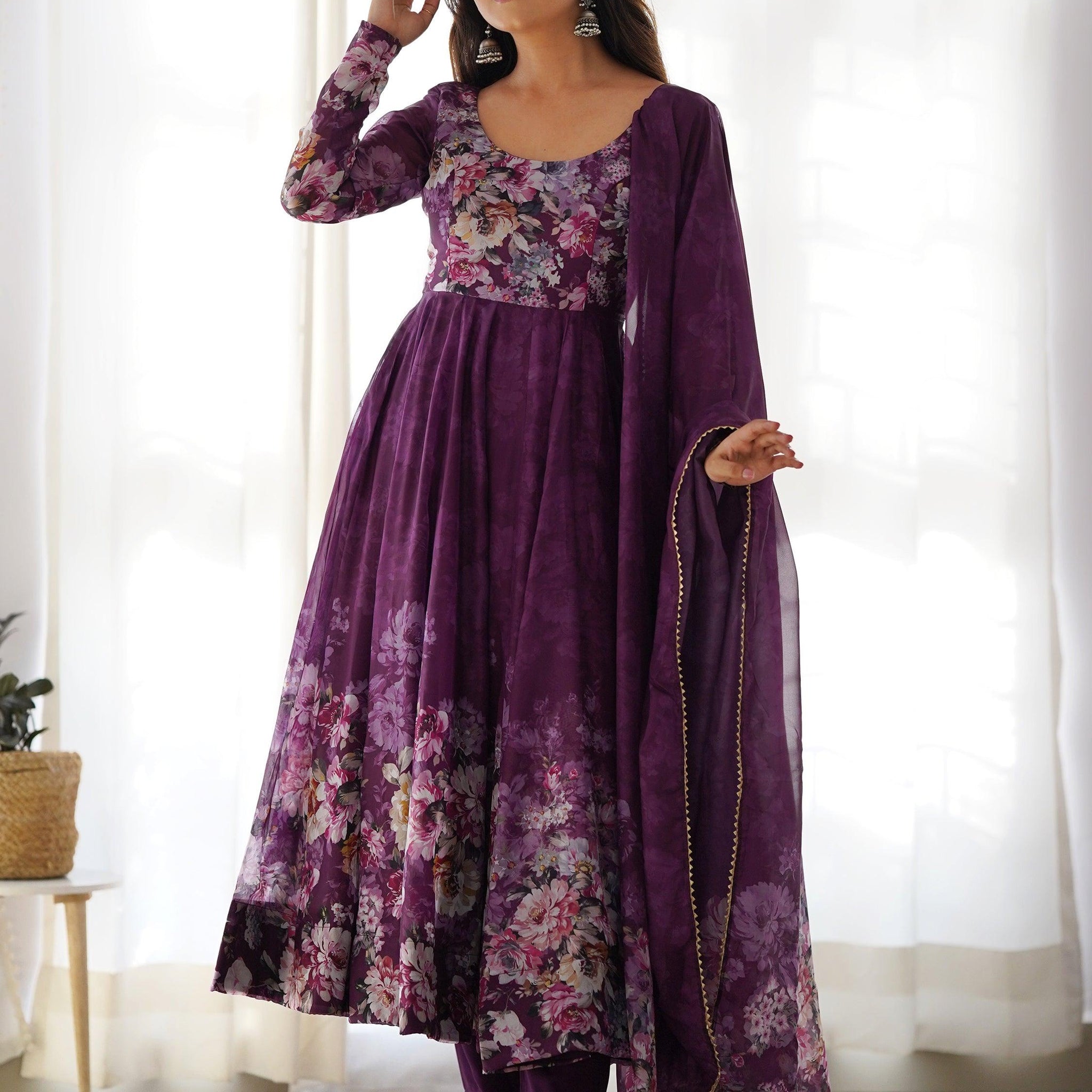 Attractive Purple Floral Printed Organza Event Wear Anarkali Suit