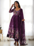 Attractive Purple Floral Printed Organza Event Wear Anarkali Suit