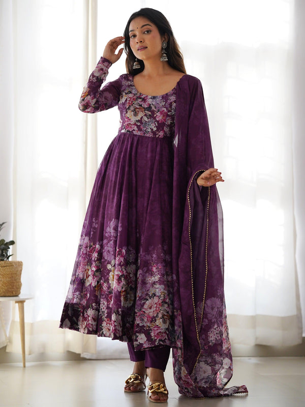 Attractive Purple Floral Printed Organza Event Wear Anarkali Suit