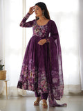 Attractive Purple Floral Printed Organza Event Wear Anarkali Suit
