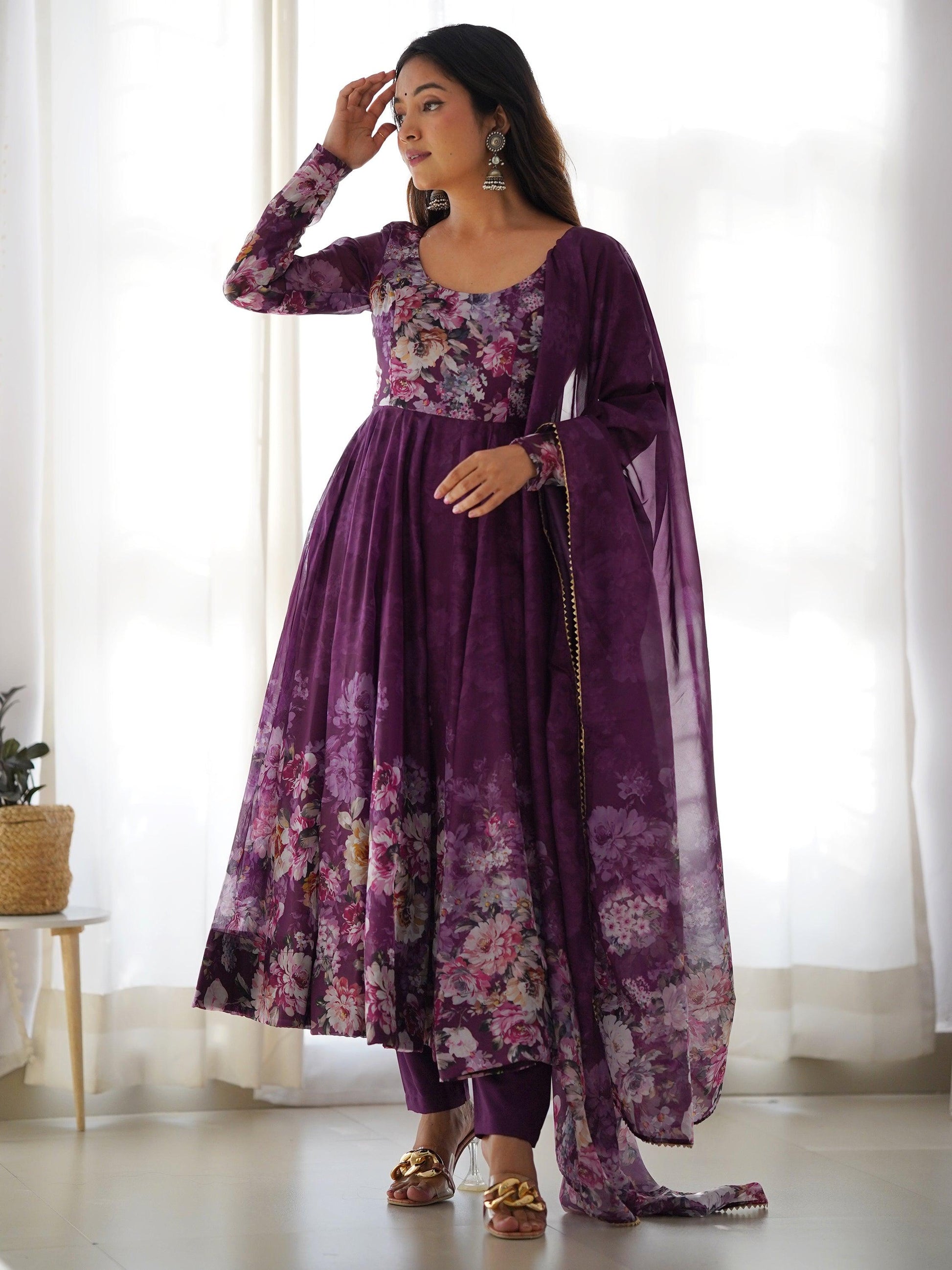 Attractive Purple Floral Printed Organza Event Wear Anarkali Suit