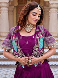 Marvelous Wine Havey Embroidery Silk Wedding Wear Lehenga Choli With Koti