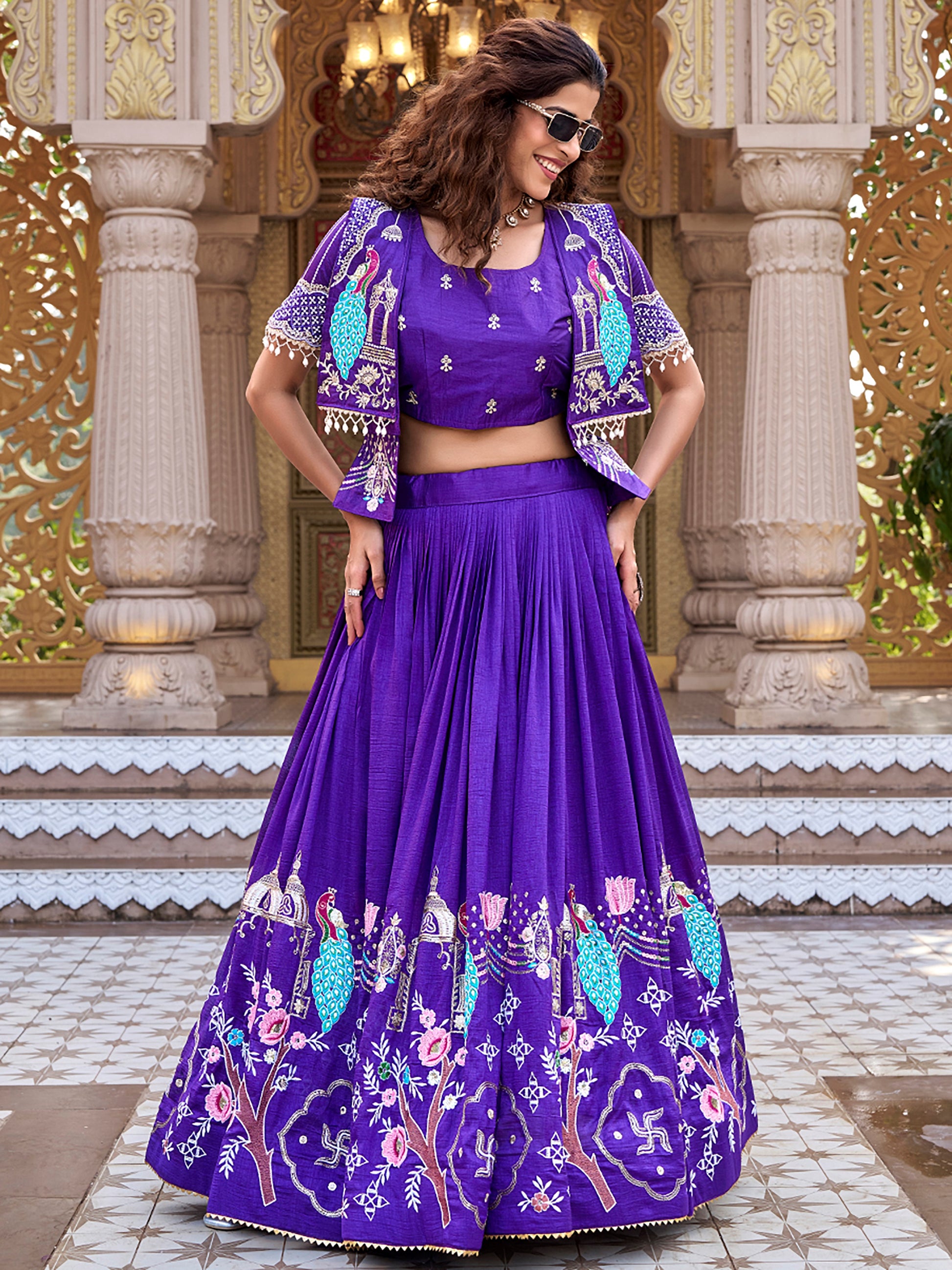 Fantastic Purple Thread Embroidery Silk Festive Wear Lehenga Choli With Koti