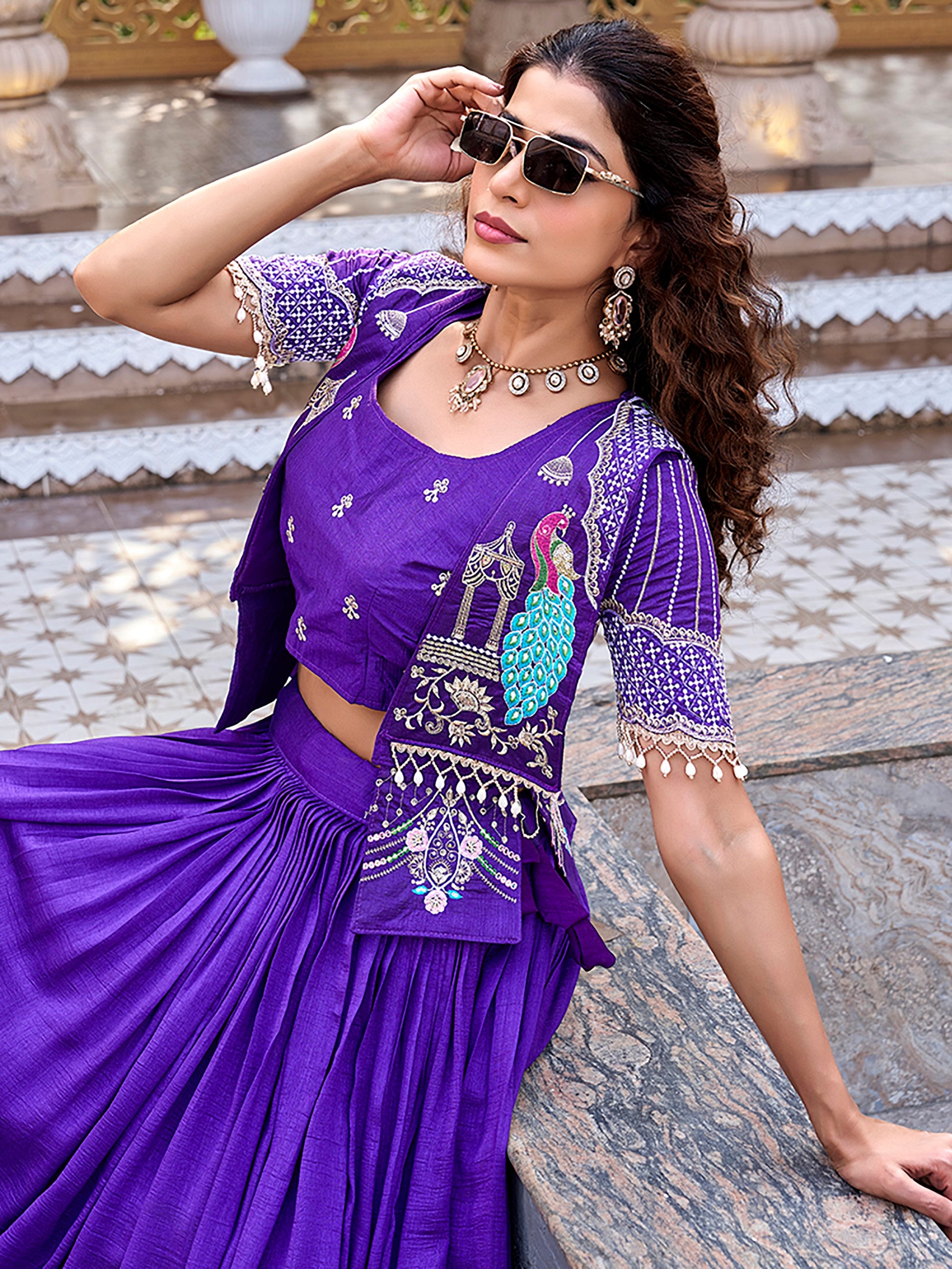 Fantastic Purple Thread Embroidery Silk Festive Wear Lehenga Choli With Koti