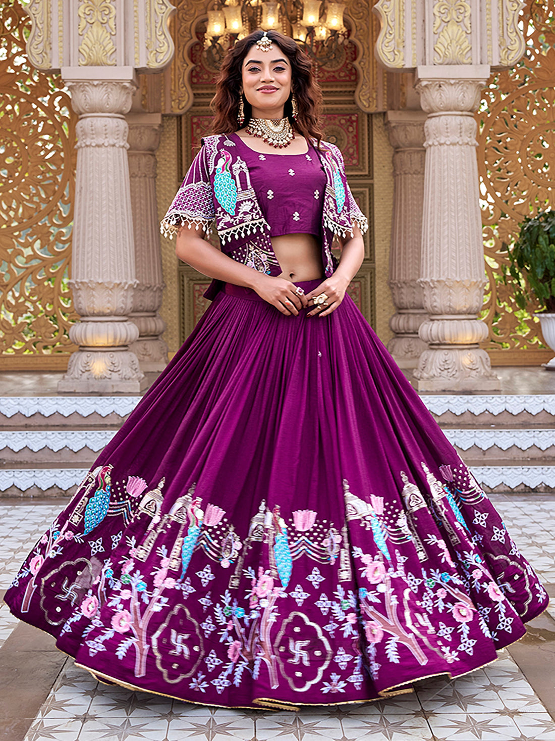Marvelous Wine Havey Embroidery Silk Wedding Wear Lehenga Choli With Koti