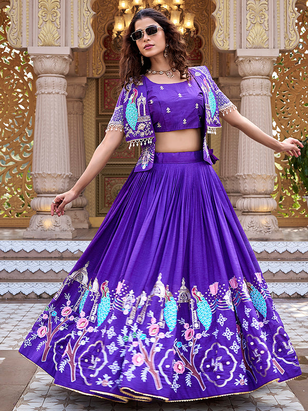 Fantastic Purple Thread Embroidery Silk Festive Wear Lehenga Choli With Koti