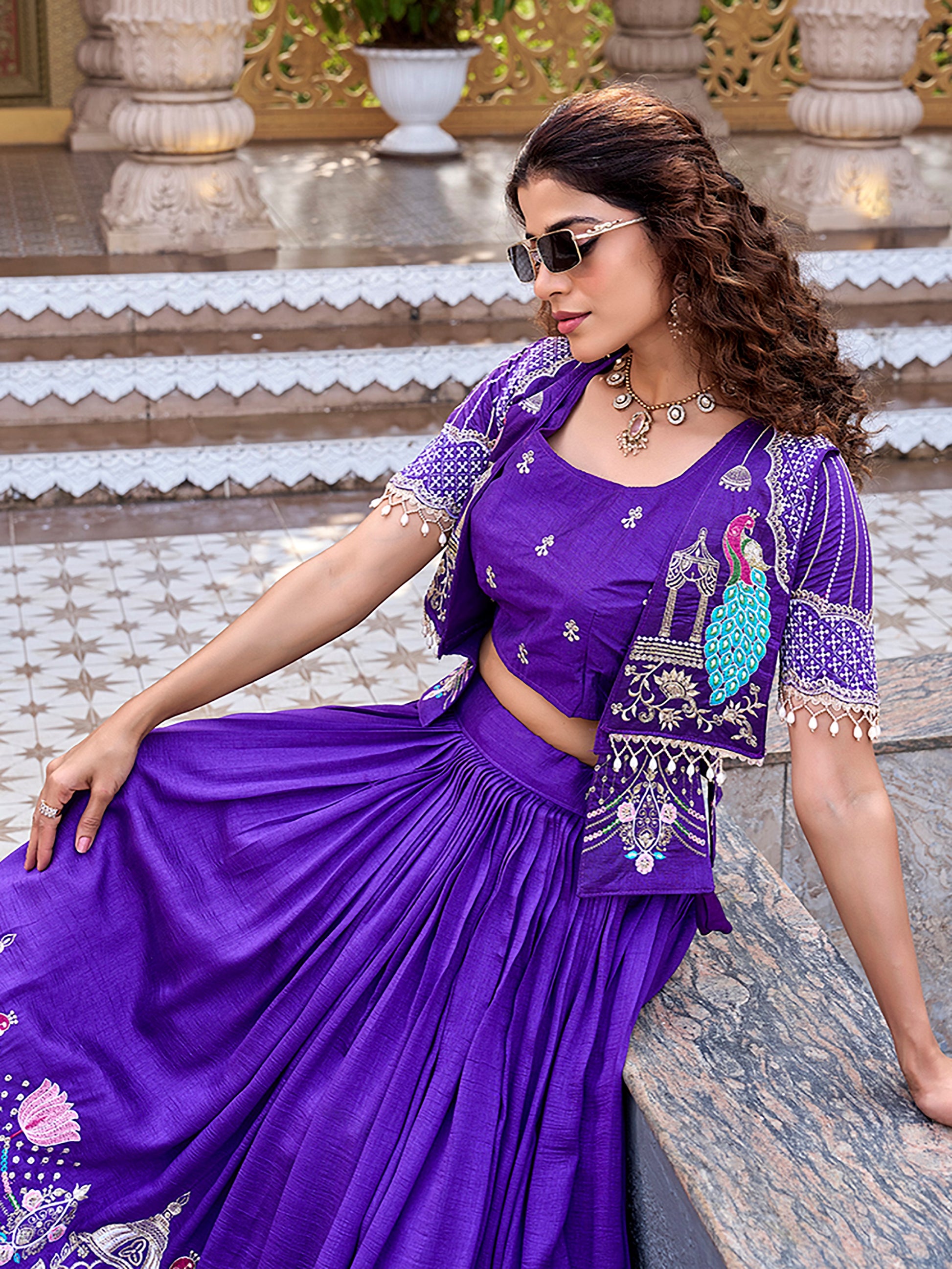 Fantastic Purple Thread Embroidery Silk Festive Wear Lehenga Choli With Koti