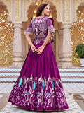 Marvelous Wine Havey Embroidery Silk Wedding Wear Lehenga Choli With Koti