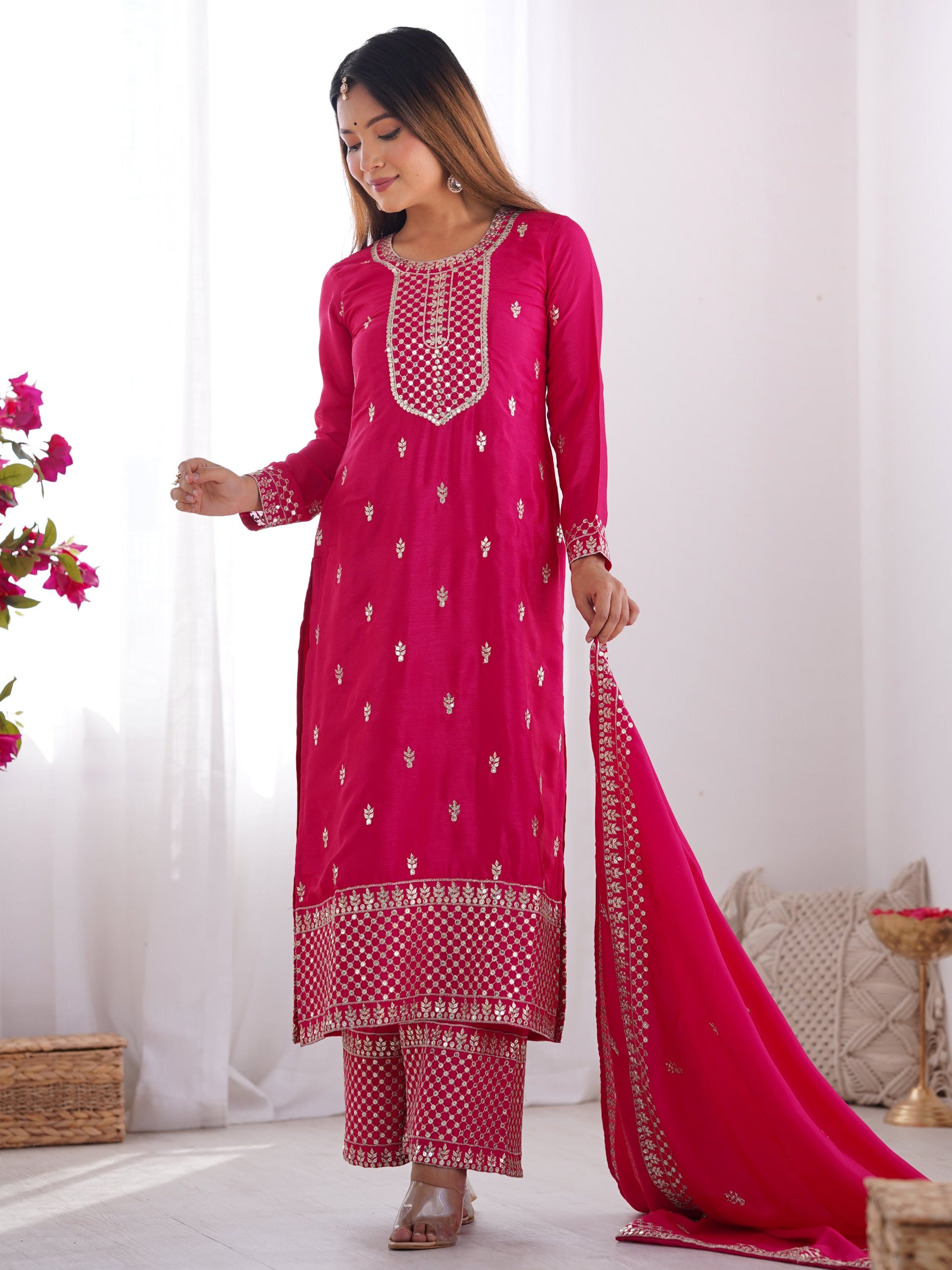 Pretty Pink Zari Work Chinon Wedding Wear Palazzo Suit With Dupatta
