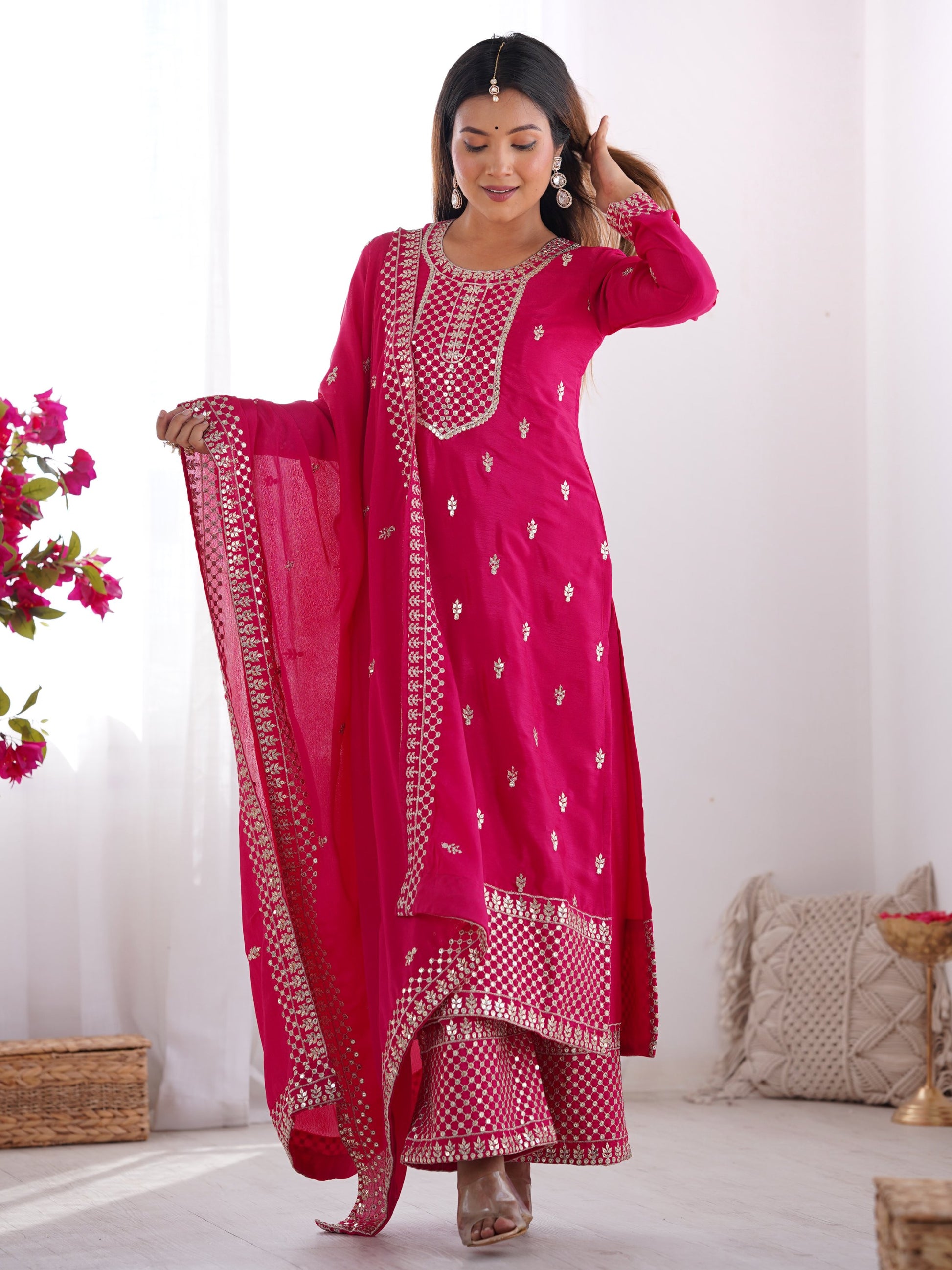 Pretty Pink Zari Work Chinon Wedding Wear Palazzo Suit With Dupatta