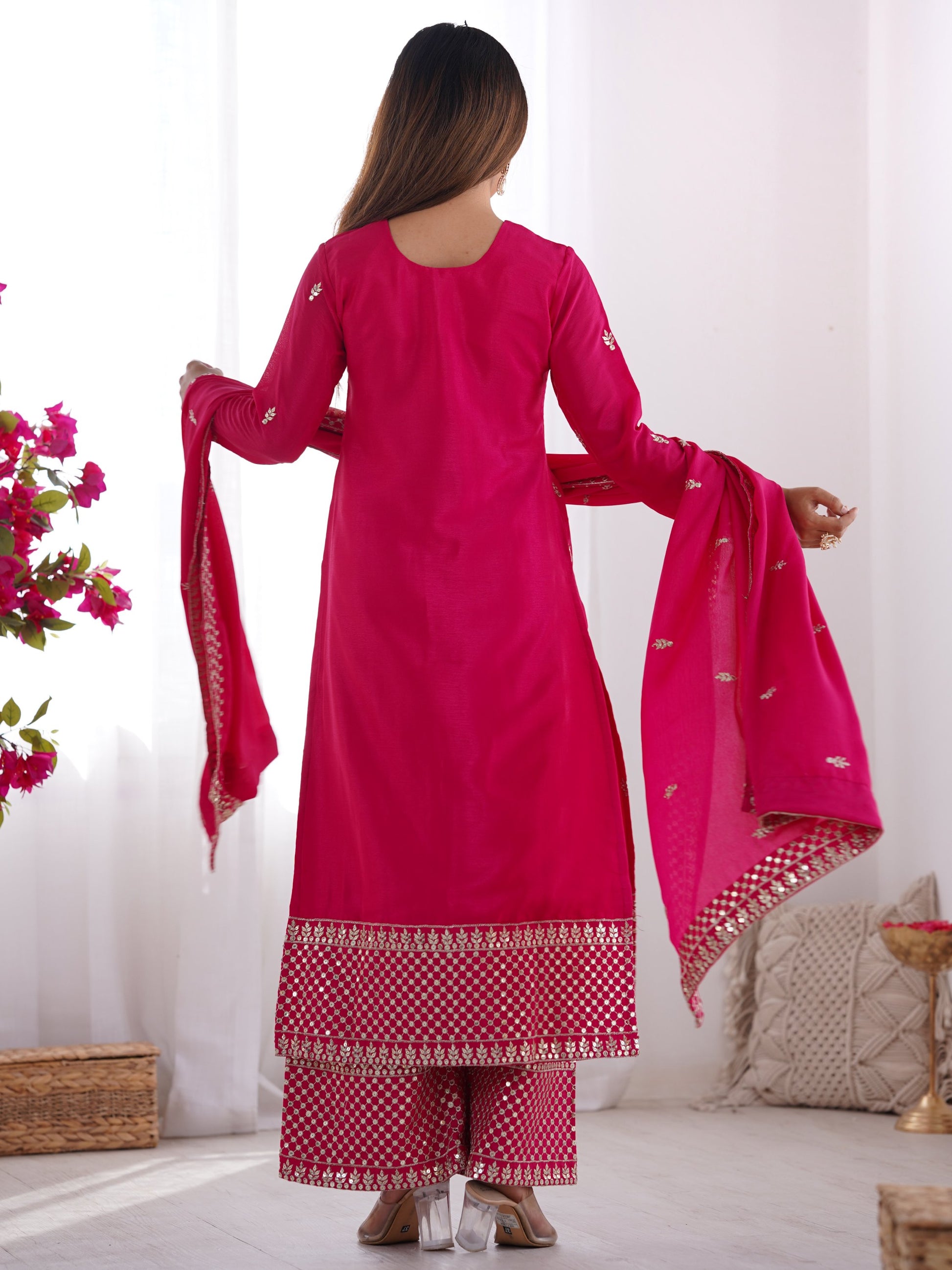 Pretty Pink Zari Work Chinon Wedding Wear Palazzo Suit With Dupatta