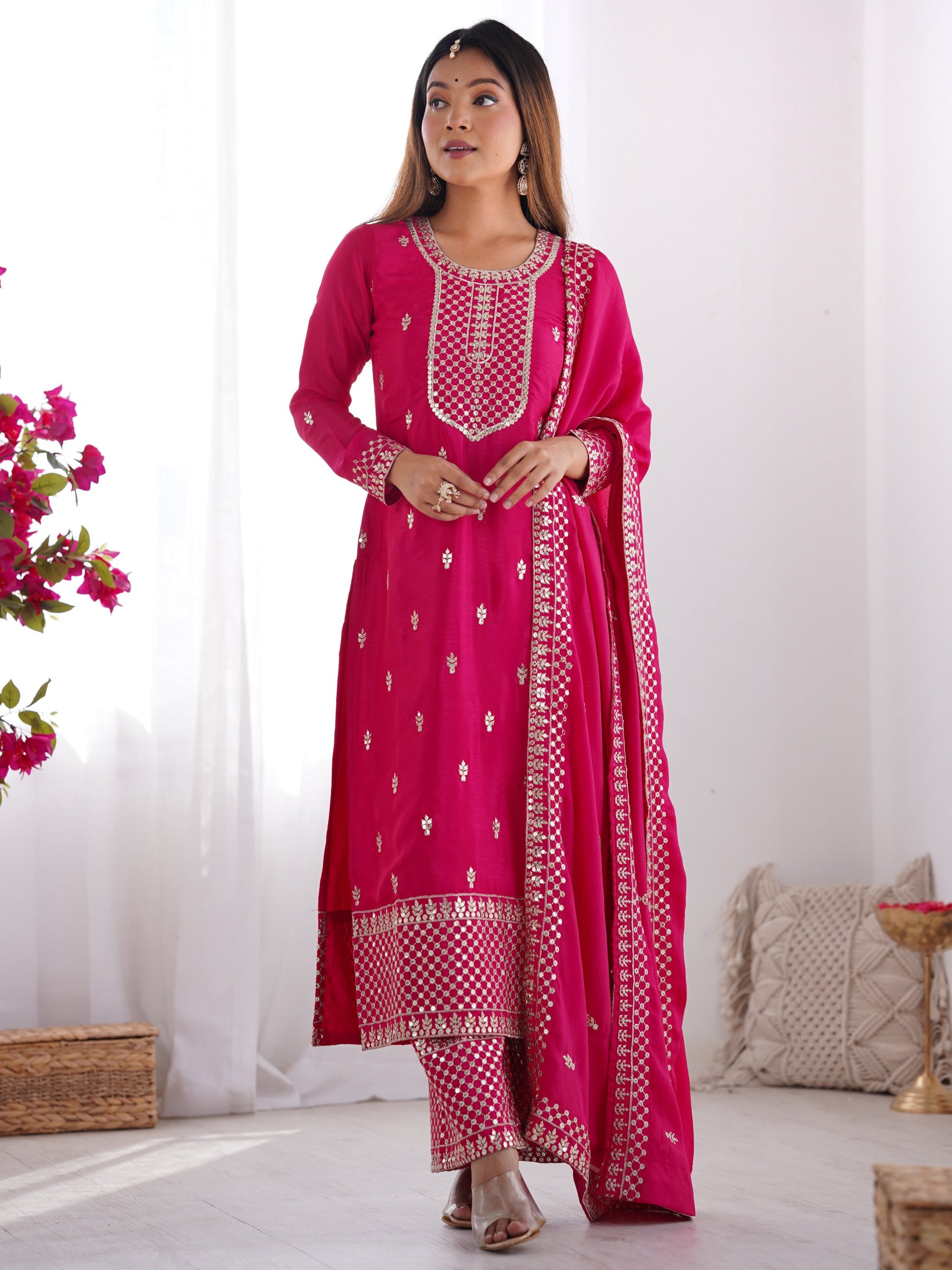 Pretty Pink Zari Work Chinon Wedding Wear Palazzo Suit With Dupatta