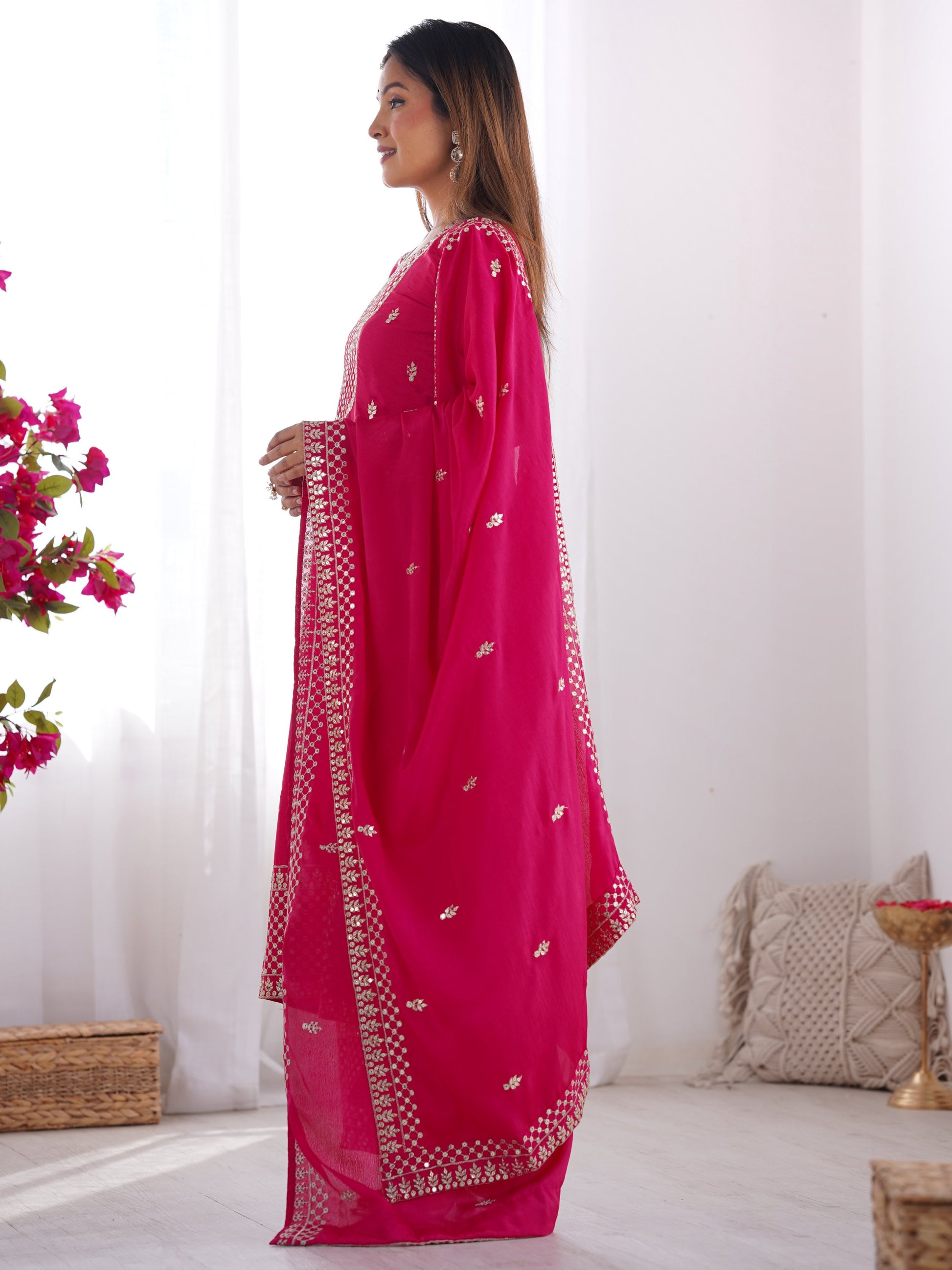 Pretty Pink Zari Work Chinon Wedding Wear Palazzo Suit With Dupatta
