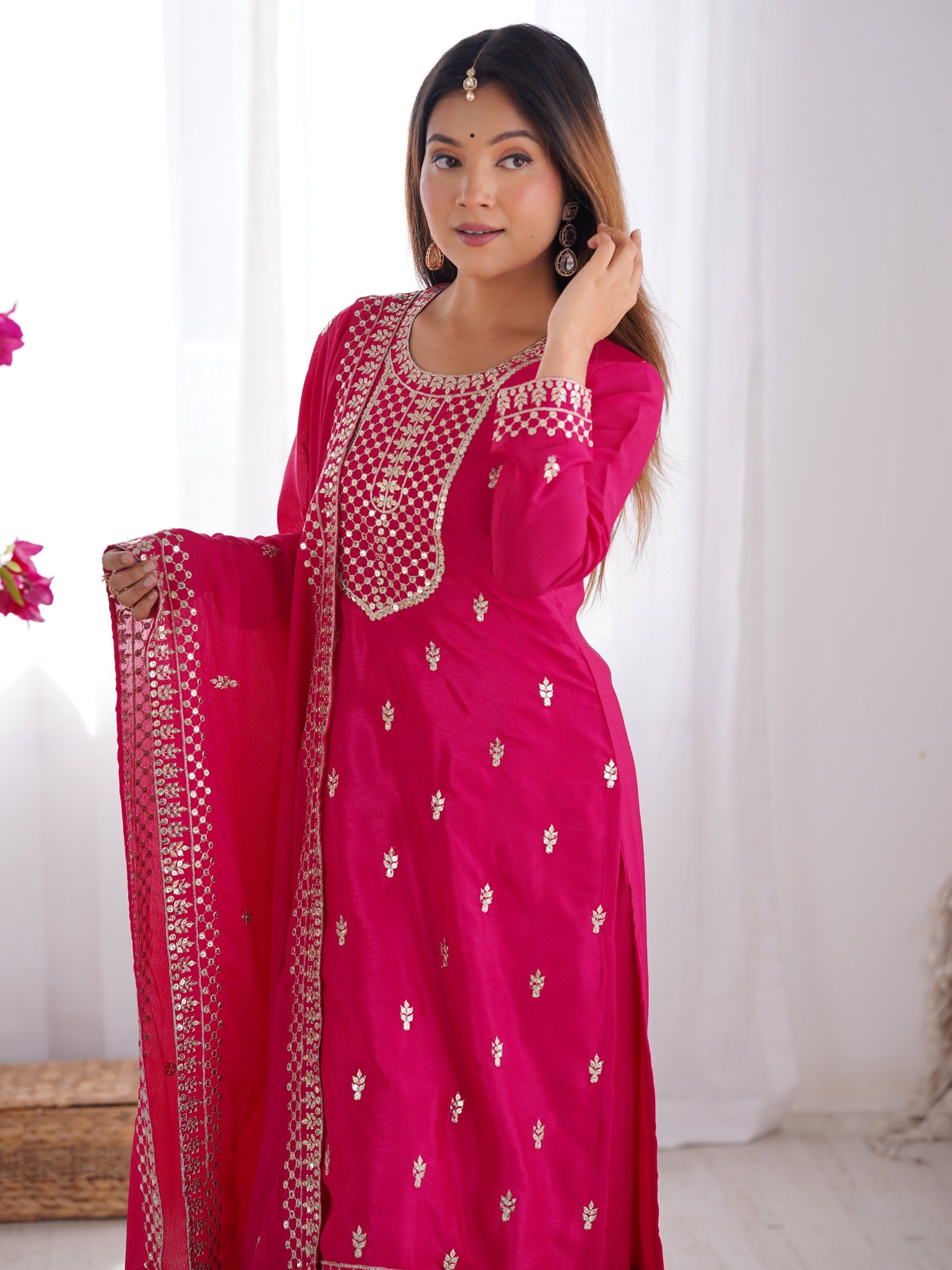 Pretty Pink Zari Work Chinon Wedding Wear Palazzo Suit With Dupatta