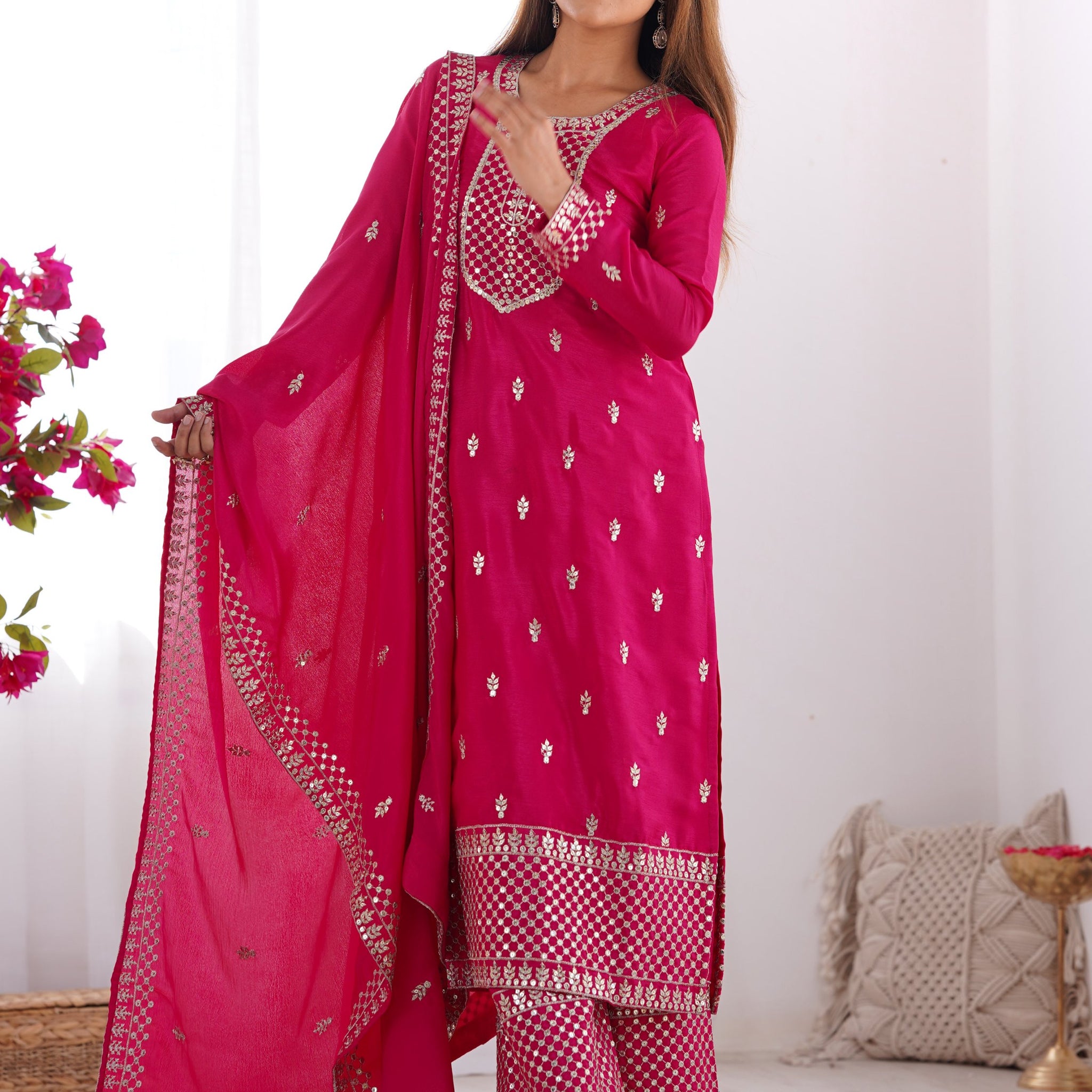 Pretty Pink Zari Work Chinon Wedding Wear Palazzo Suit With Dupatta