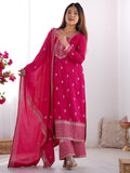 Pretty Pink Zari Work Chinon Wedding Wear Palazzo Suit With Dupatta