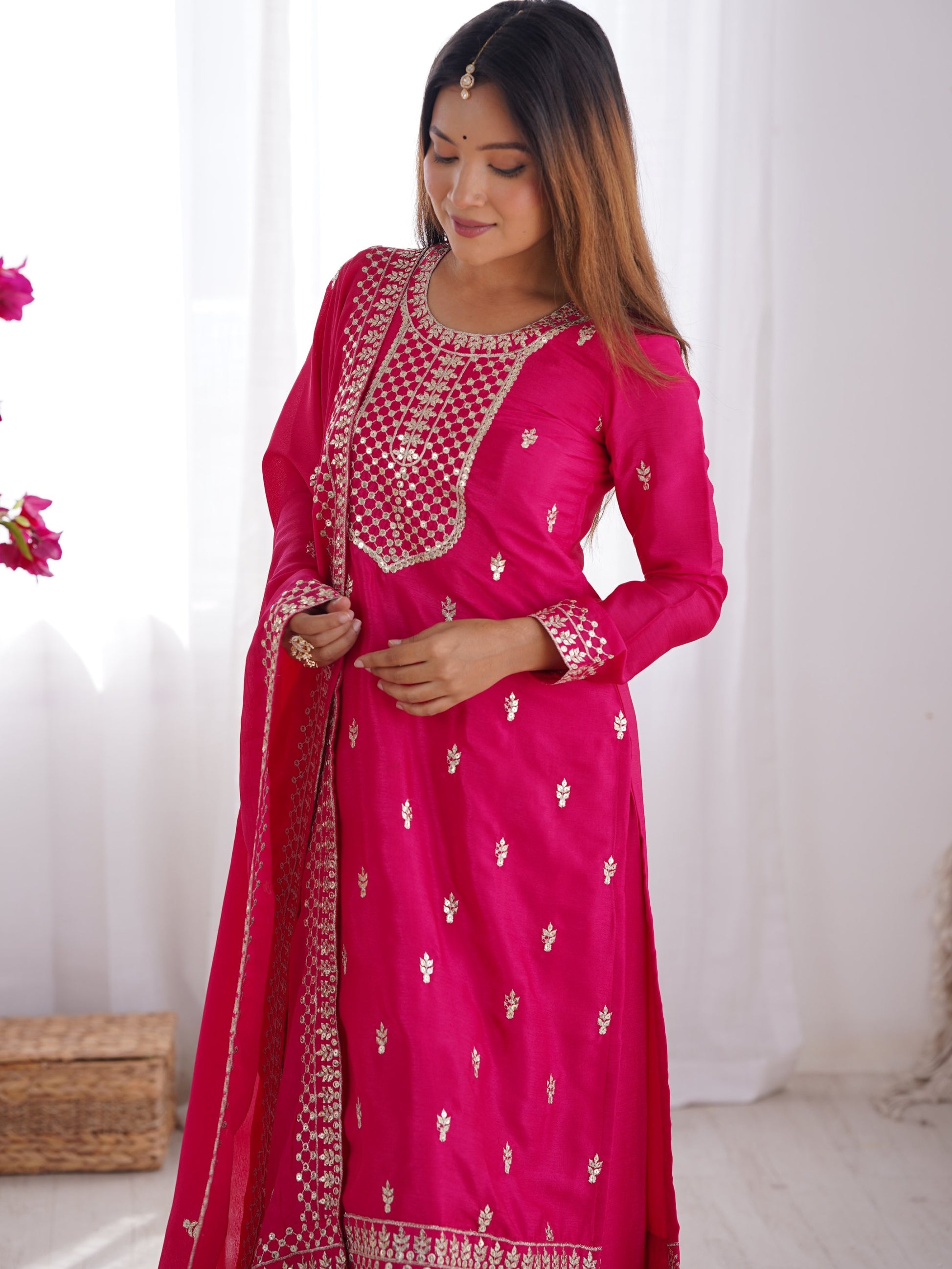 Pretty Pink Zari Work Chinon Wedding Wear Palazzo Suit With Dupatta