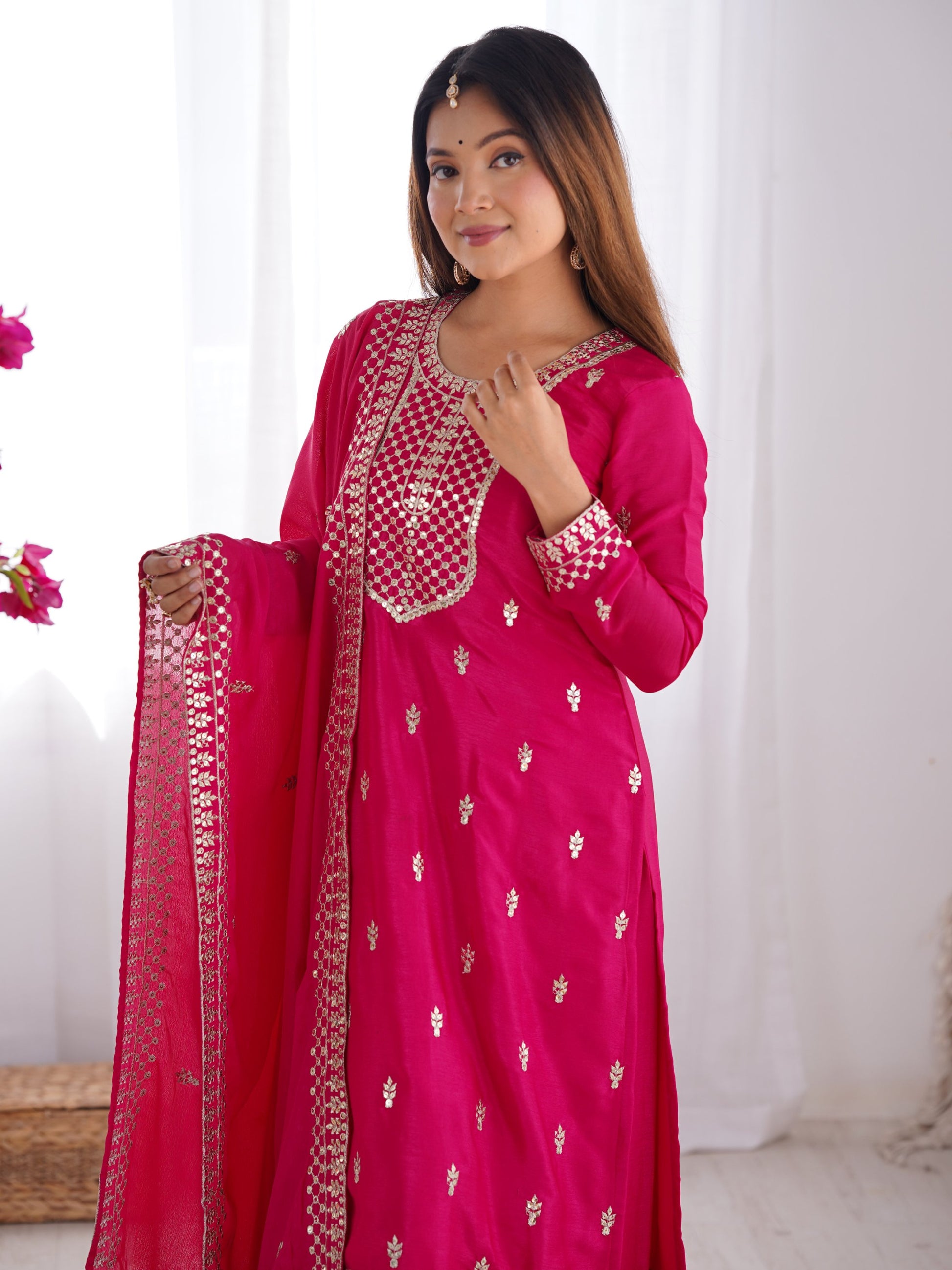 Pretty Pink Zari Work Chinon Wedding Wear Palazzo Suit With Dupatta