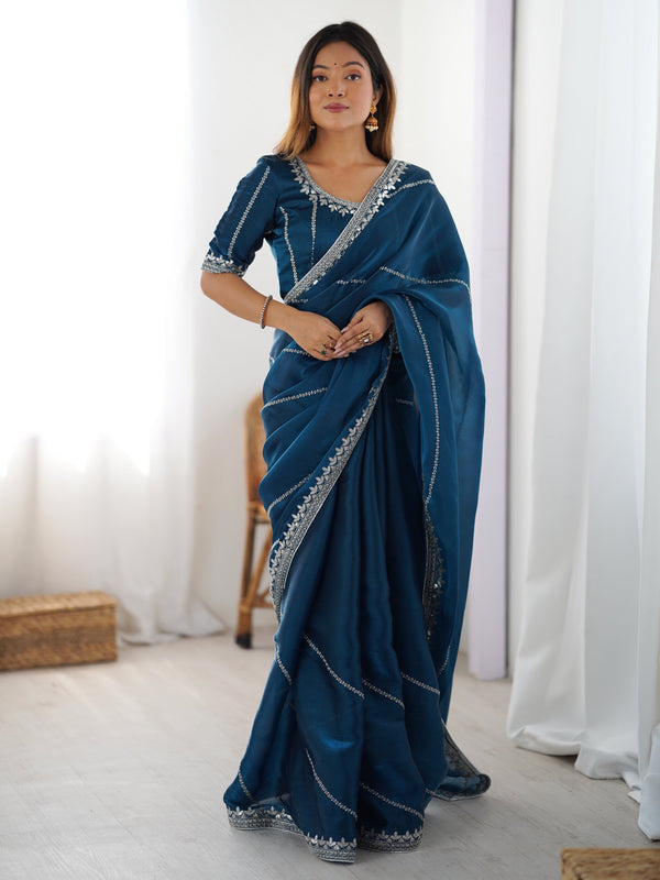 Splendid Teal Blue Thread Embroidered Silk Festive Wear Saree With Blouse