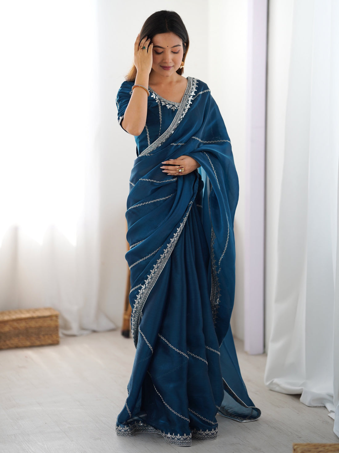 Splendid Teal Blue Thread Embroidered Silk Festive Wear Saree With Blouse