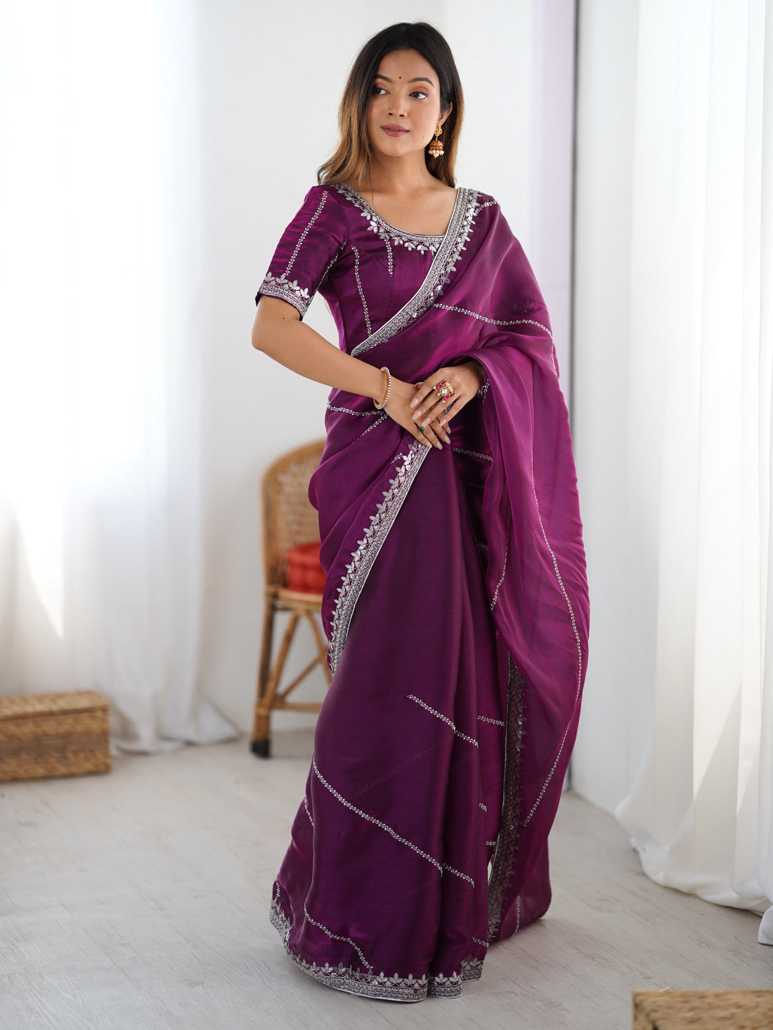 Impressive Wine Sequins Embroidered Silk Wedding Wear Saree With Blouse