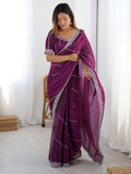 Impressive Wine Sequins Embroidered Silk Wedding Wear Saree With Blouse