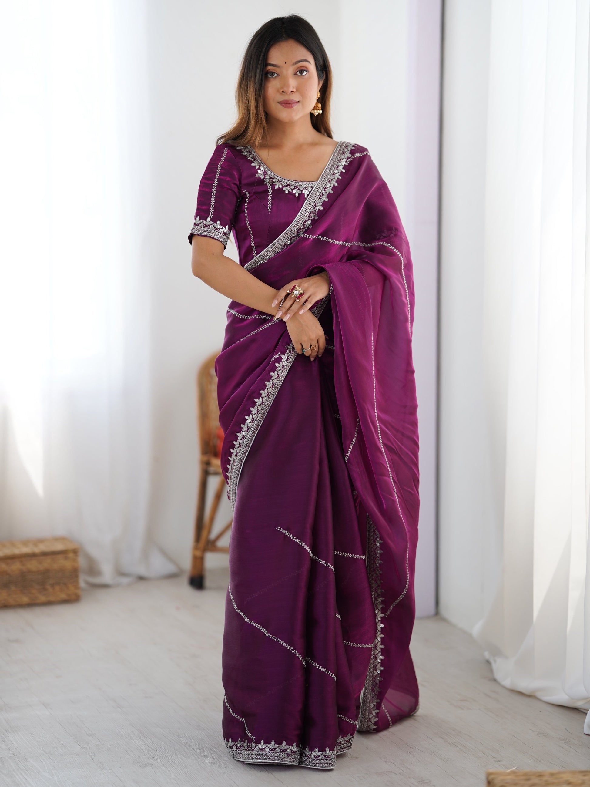 Impressive Wine Sequins Embroidered Silk Wedding Wear Saree With Blouse