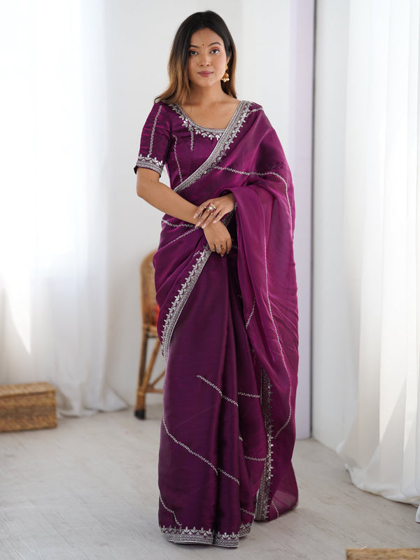 Impressive Wine Sequins Embroidered Silk Wedding Wear Saree With Blouse