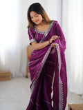 Impressive Wine Sequins Embroidered Silk Wedding Wear Saree With Blouse