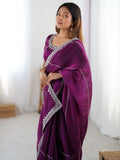 Impressive Wine Sequins Embroidered Silk Wedding Wear Saree With Blouse