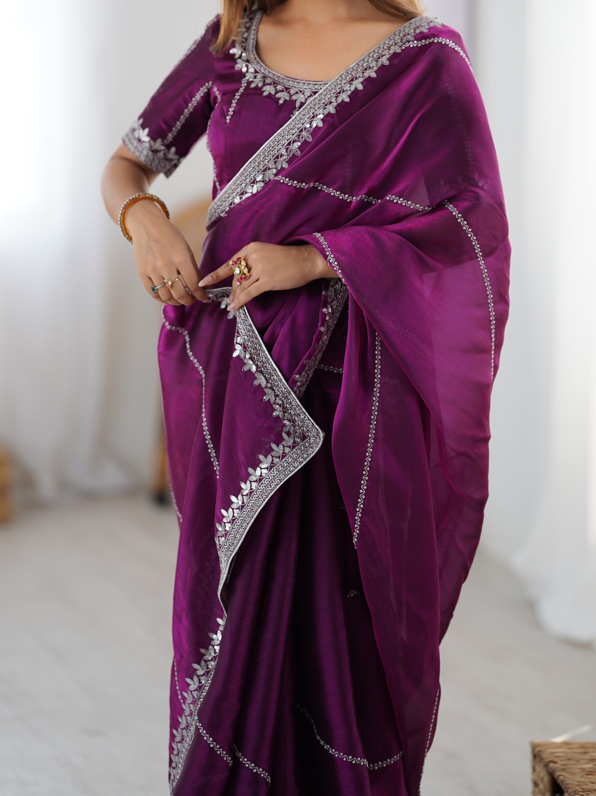 Impressive Wine Sequins Embroidered Silk Wedding Wear Saree With Blouse