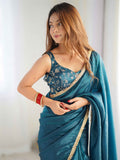 Alluring Teal Blue Tissue Silk Pre Stitched Saree With Blouse