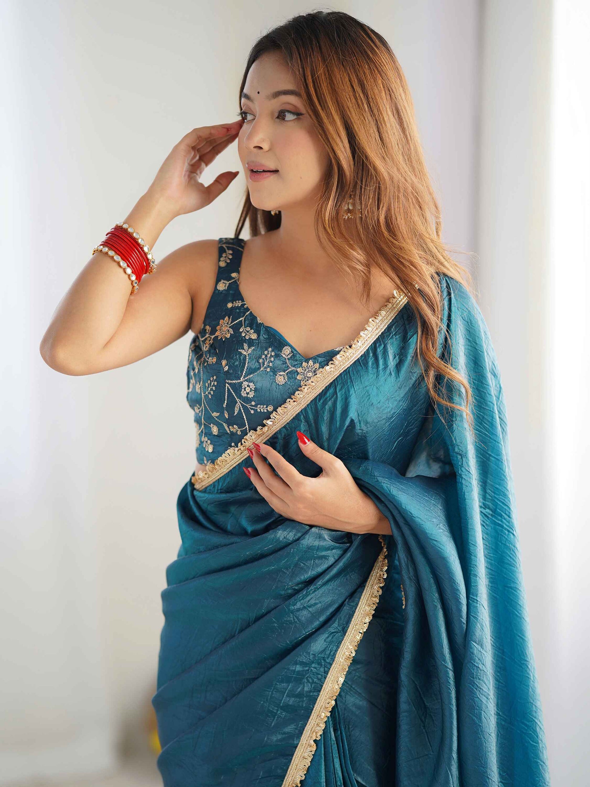 Alluring Teal Blue Tissue Silk Pre Stitched Saree With Blouse