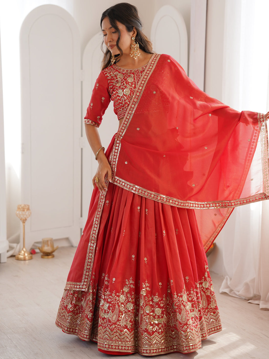 Classic Red Sequins Silk Wedding Wear Lehenga Choli With Dupatta