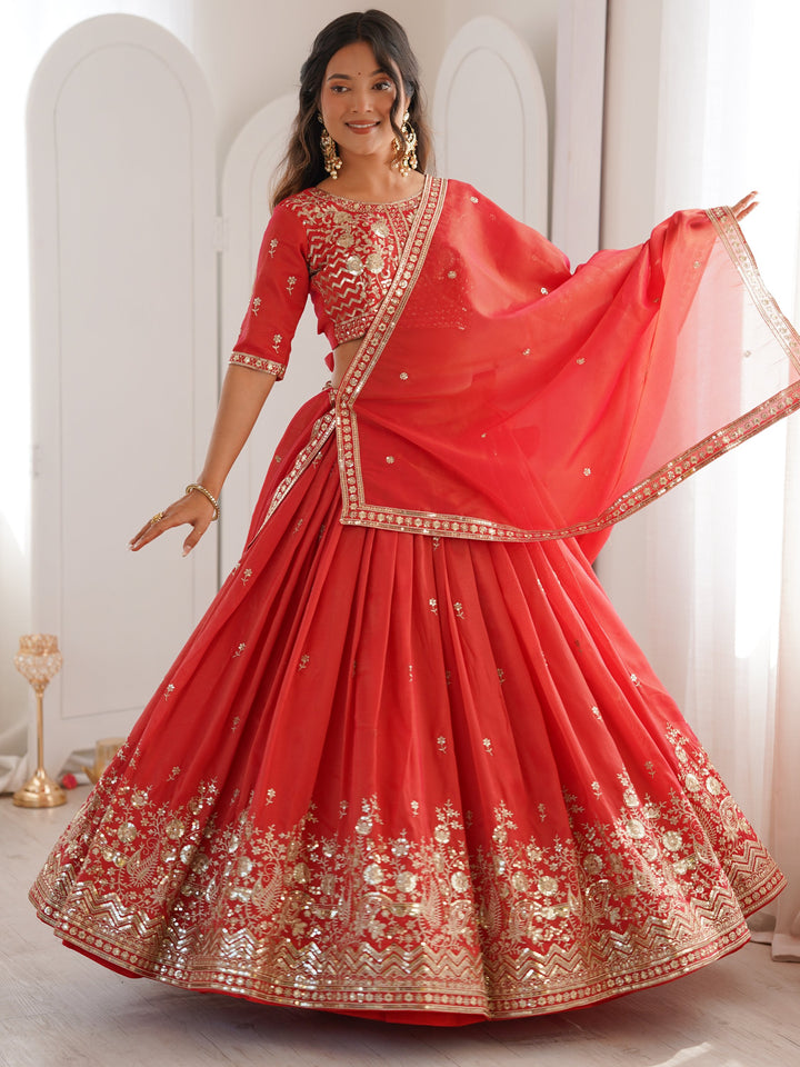 Classic Red Sequins Silk Wedding Wear Lehenga Choli With Dupatta